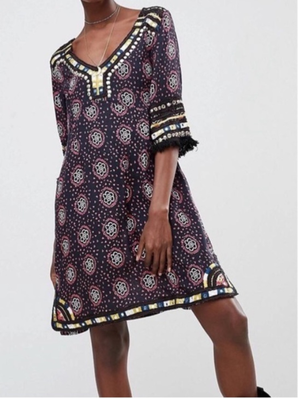 RAGA Elena Boho Embroidered Shift Dress V Neck Festival Tunic Black Pink Size M
